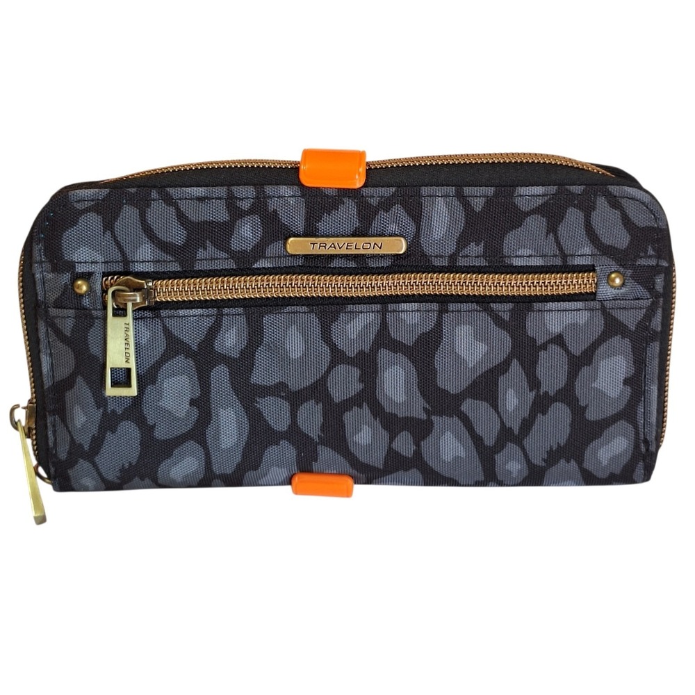 Travelon RFID Block Gray Print Nylon Travel Wallet Clutch Wristlet 8" x 4" Logo